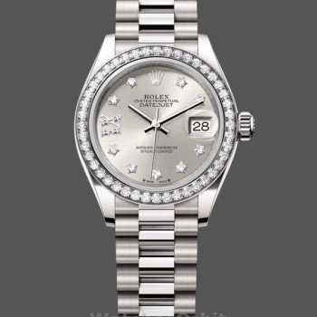 Replique Rolex Datejust 28mm Or Blanc Argent Diamant Cadran Président pour Femme - 279139RBR 0003 Cadran Argent