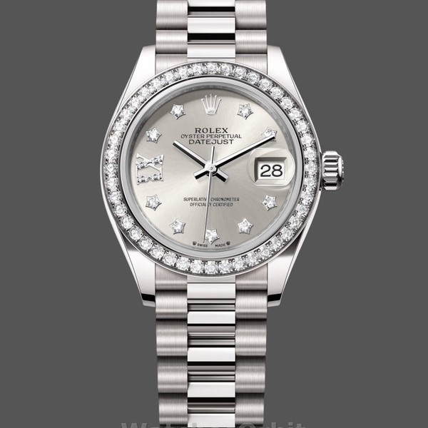 Replique Rolex Datejust 28mm Or Blanc Argent Diamant Cadran Président pour Femme - 279139RBR 0003 Cadran Argent