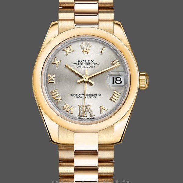 Replique Rolex Datejust 31-178248 pour femme, Silver VI, Diamond Dial, 18K Yellow Gold, Silver Dial