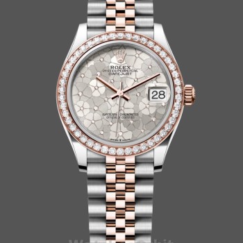 Replique Rolex Datejust 31-m278381rbr pour femme, bicolore, motif floral argenté, lunette diamantée, cadran motif floral argenté pour femme