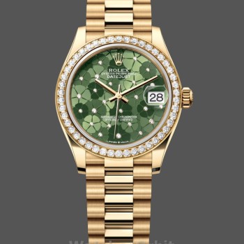 Replique Rolex Datejust 31-M278288RBR 0038, or jaune, vert olive, motif floral, lunette diamantée cadran vert, pour femmes