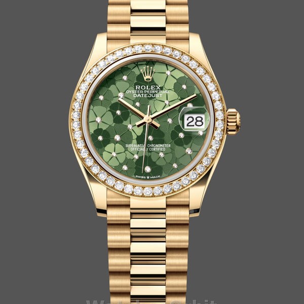 Replique Rolex Datejust 31-M278288RBR 0038, or jaune, vert olive, motif floral, lunette diamantée cadran vert, pour femmes