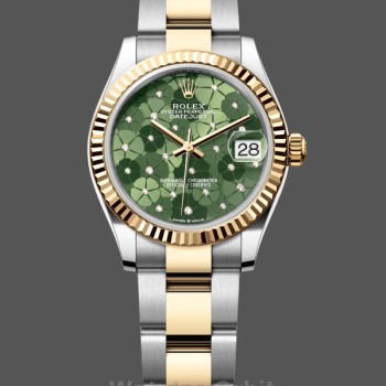 Replique Rolex Datejust 31-m278273 0031, or jaune, vert olive, motif floral, cadran diamant pour femme Cadran vert