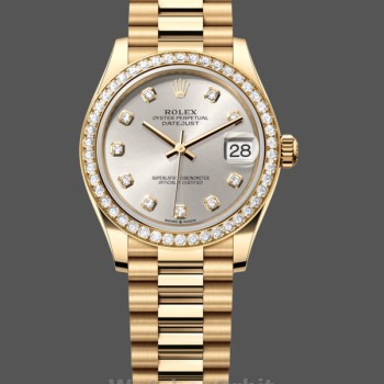 Replique Rolex Datejust 31-M278288RBR 0028 pour femme, or jaune, cadran argenté à diamants, lunette à diamants, cadran argenté pour femme