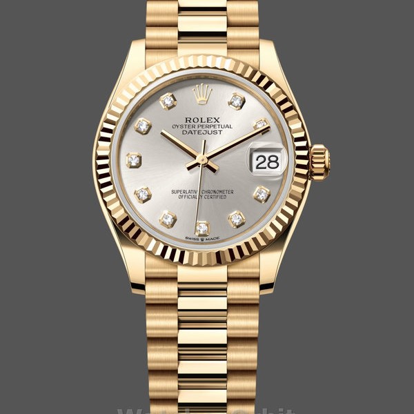 Replique Rolex Datejust 31-M278278 pour femme, or jaune, cadran argenté à diamants, cadran argenté pour femme