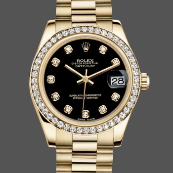 Replique Rolex Datejust 31-178288 0011 pour femme, 31mm, or jaune, cadran noir, Ladies Black Dial