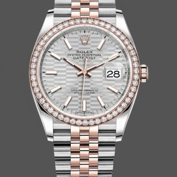 Replique Rolex Datejust 36MM acier et or Everose argenté cadran cannelé-motif lunette diamantée M126281RBR cadran gris unisexe