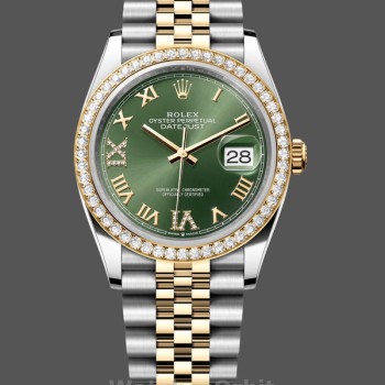 Replique Rolex Datejust 36-m126283rbr 0011, or jaune et diamants, cadran romain pavé de diamants vert olive, cadran vert, pour femme