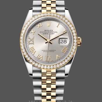 Replique Rolex Datejust 36-m126283rbr 0017, or jaune et diamants, cadran romain argenté pavé de diamants, cadran argenté pour femme