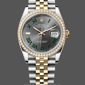 Replique Rolex Datejust 36-m126283rbr 0021, or jaune et diamants, cadran romain Wimbledon ardoise, cadran gris, pour femme