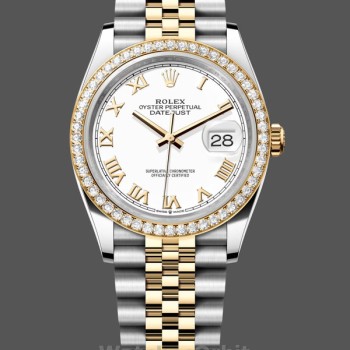 Replique Rolex Datejust 36-M126283RBR 0015 pour femme, or jaune et diamants, cadran romain blanc, Cadran blanc pour femme