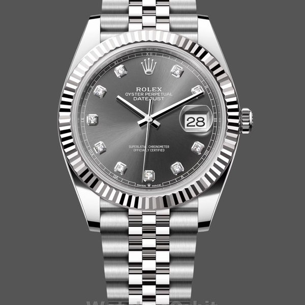 Replique Hommes - Rolex Datejust 41-m126334 0006, Rhodium Cadran diamant, lunette cannelée, cadran gris hommes