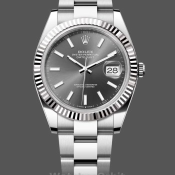 Replique Hommes Rolex Datejust 41-M126334, Or blanc, lunette cannelée, cadran ardoise, Oyster, cadran gris hommes