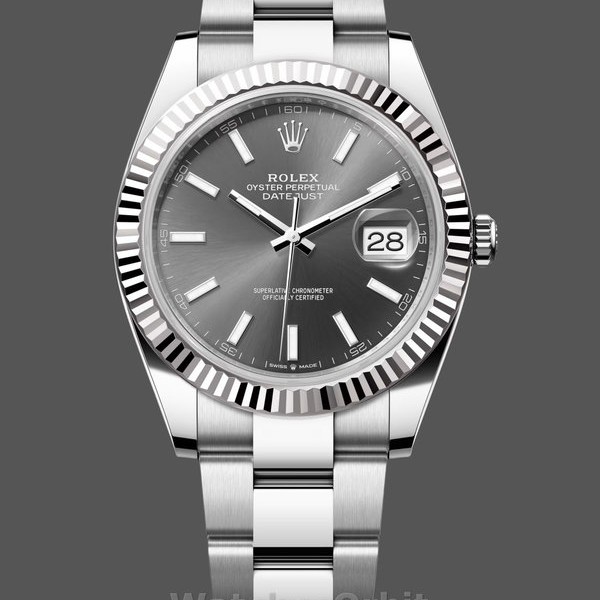 Replique Hommes Rolex Datejust 41-M126334, Or blanc, lunette cannelée, cadran ardoise, Oyster, cadran gris hommes