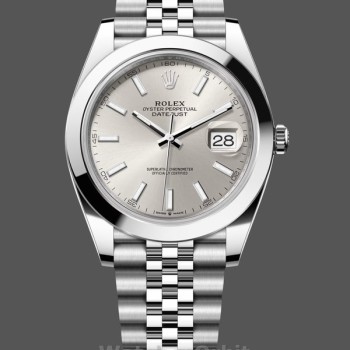Replique Hommes - Rolex Datejust 41-m126300 0004, Oystersteel, cadran bâton argenté, lunette bombée cadran argenté