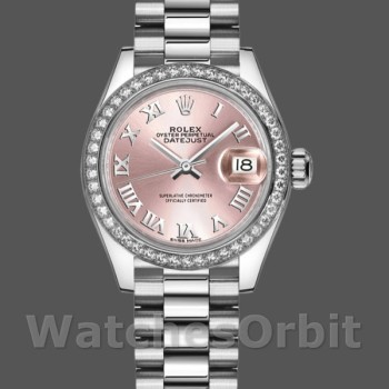 Replique Rolex Datejust 28mm Femmes-279136RBR-Cerclage diamant Cadran rose-Numéros romains Index Rose