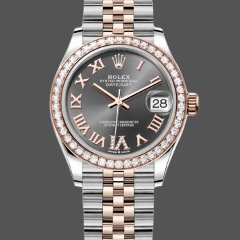 Replique Rolex Datejust Lady 31-278381RBR pour femme, or rose et acier, cadran romain ardoise diamant VI, lunette diamantée, bracelet jubilé, femme ardoise