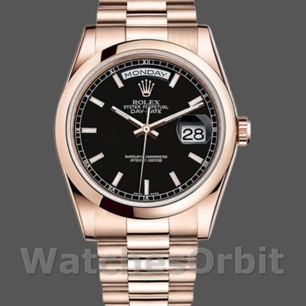 Replique Hommes Rolex Day-Date 36mm Unisex-118205-Black Dial Black