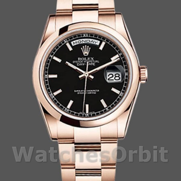 Replique Rolex Day-Date 36mm Unisex-118205-Cadran noir-Or rose noir