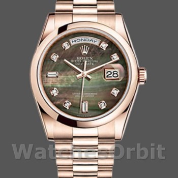 Replique Rolex Day-Date 36mm Unisex-118205-Nacre foncée-Cadran noir MOP