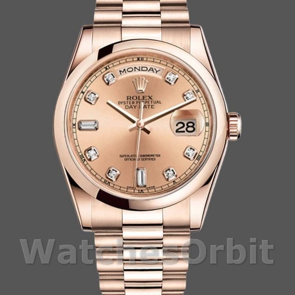 Replique Rolex Day-Date 36mm Unisex-118205-Or rose-Champagne Cadran diamant Champagne