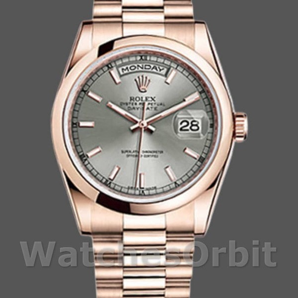 Replique Rolex Day-Date 36mm Unisex-118205-Rose Gold-Rhodium Grey Dial Gris
