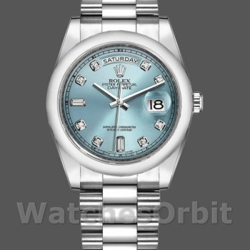 Replique Rolex Day-Date 36mm Unisex-118206-Cadran bleu glacier-Diamond-Platinum Bleu glacier