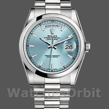 Replique Rolex Day-Date 36mm Unisex-118206-Cadran bleu glacier- Lunette en platine poli Bleu glacier