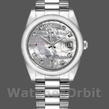 Replique Rolex Day-Date 36mm Unisex-118206-Platinum-White Mother of Pearl-Diamond Dial MOP