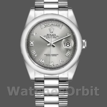 Replique Rolex Day-Date 36mm Unisex-118206-Rhodium Cadran gris-Numéros romains Gris