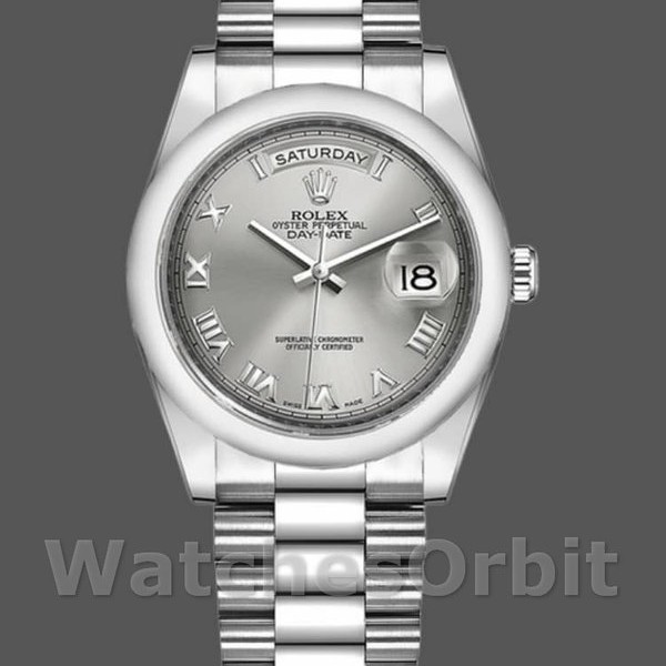 Replique Rolex Day-Date 36mm Unisex-118206-Rhodium Cadran gris-Numéros romains Gris