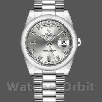 Replique Rolex Day-Date 36mm Unisex-118206-Argent Cadran Diamant-Platinum Silver