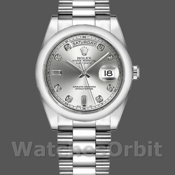 Replique Rolex Day-Date 36mm Unisex-118206-Argent Cadran Diamant-Platinum Silver