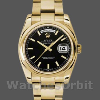 Replique Rolex Day-Date 36mm Unisex-118208-Cadran arabe noir-or jaune noir