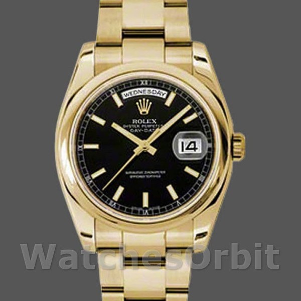 Replique Rolex Day-Date 36mm Unisex-118208-Cadran arabe noir-or jaune noir