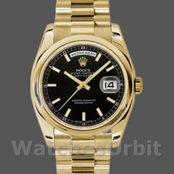 Replique Rolex Day-Date 36mm Unisex-118208-Cadran noir-Automatique-Or jaune Noir