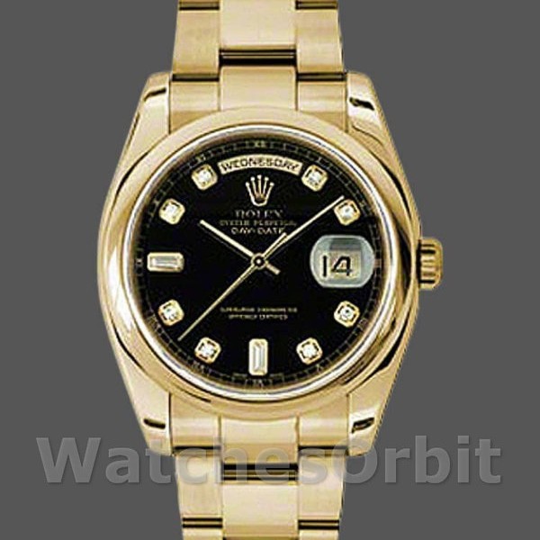 Replique Rolex Day-Date 36mm Unisex-118208-Cadran diamant noir-Or jaune Noir