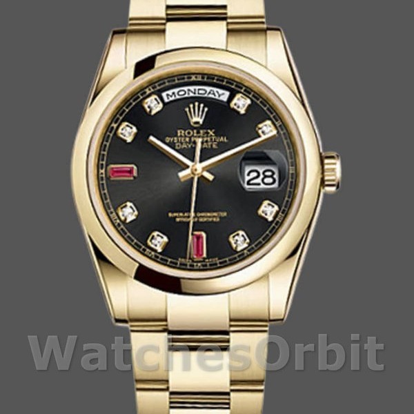 Replique Rolex Day-Date 36mm Unisex-118208-Cadran diamant noir-Boîtier or jaune noir