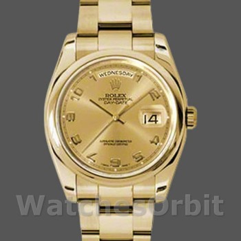 Replique Rolex Day-Date 36mm Unisex-118208-Cadran champagne-horloges chiffres arabes-or jaune champagne