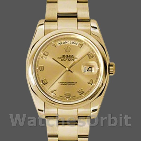 Replique Rolex Day-Date 36mm Unisex-118208-Cadran champagne-horloges chiffres arabes-or jaune champagne