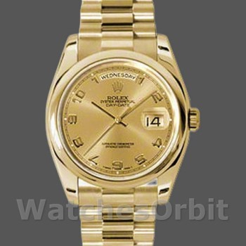 Replique Rolex Day-Date 36mm Unisex-118208-Cadran champagne-horloges en chiffres arabes-or jaune champagne