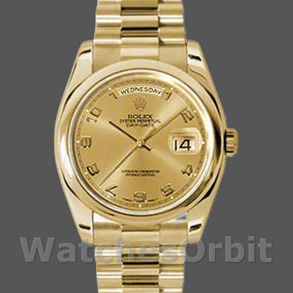 Replique Rolex Day-Date 36mm Unisex-118208-Cadran champagne-horloges en chiffres arabes-or jaune champagne