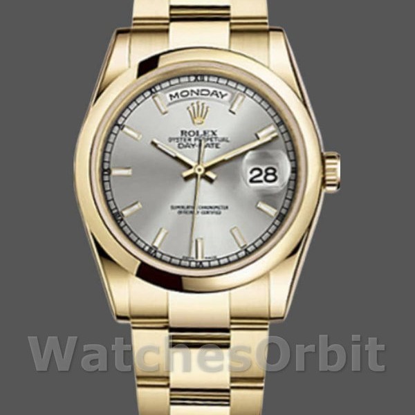 Replique Rolex Day-Date 36mm Unisex-118208-Cadran argenté-Or jaune argenté