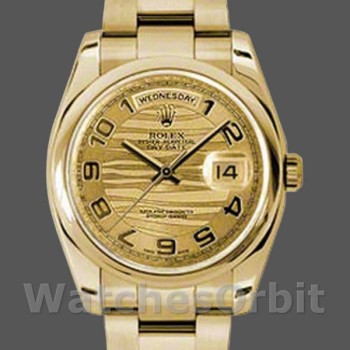 Replique Rolex Day-Date 36mm Unisex-118208-or jaune-numéro arabe-vague-cadran champagne Champagne