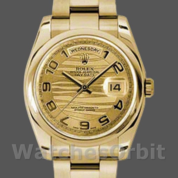 Replique Rolex Day-Date 36mm Unisex-118208-or jaune-numéro arabe-vague-cadran champagne Champagne
