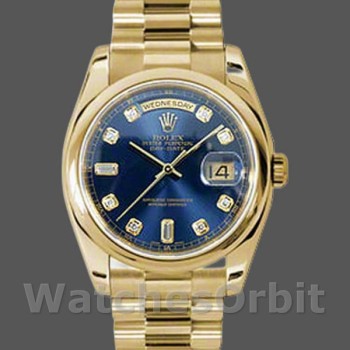 Replique Rolex Day-Date 36mm Unisex-118208-Or jaune Cadran bleu diamant Bleu