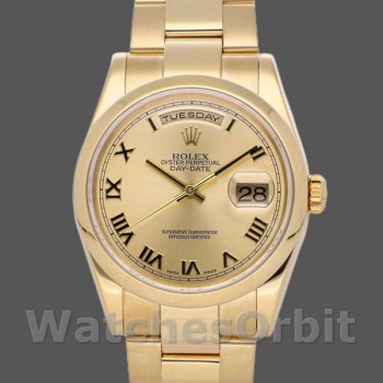 Replique Rolex Day-Date 36mm Unisex-118208-Or jaune Cadran Champagne-Numéros romains Champagne