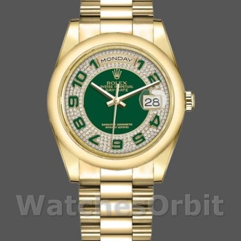 Replique Rolex Day-Date 36mm Unisex-118208-Or jaune-Diamant pavé vert-Cadran arabe Vert