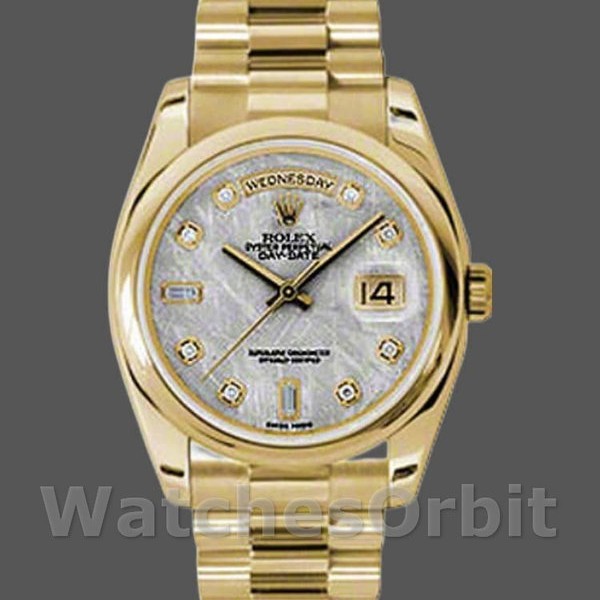 Replique Rolex Day-Date 36mm Unisex-118208-Or jaune-Météorite Gris Cadran Diamant Gris