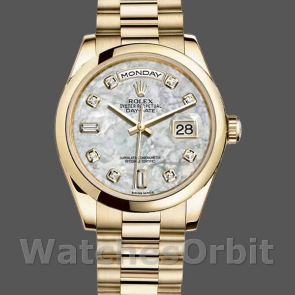 Replique Rolex Day-Date 36mm Unisex-118208-Or jaune-Mère de Perle-Diamant Cadran MOP